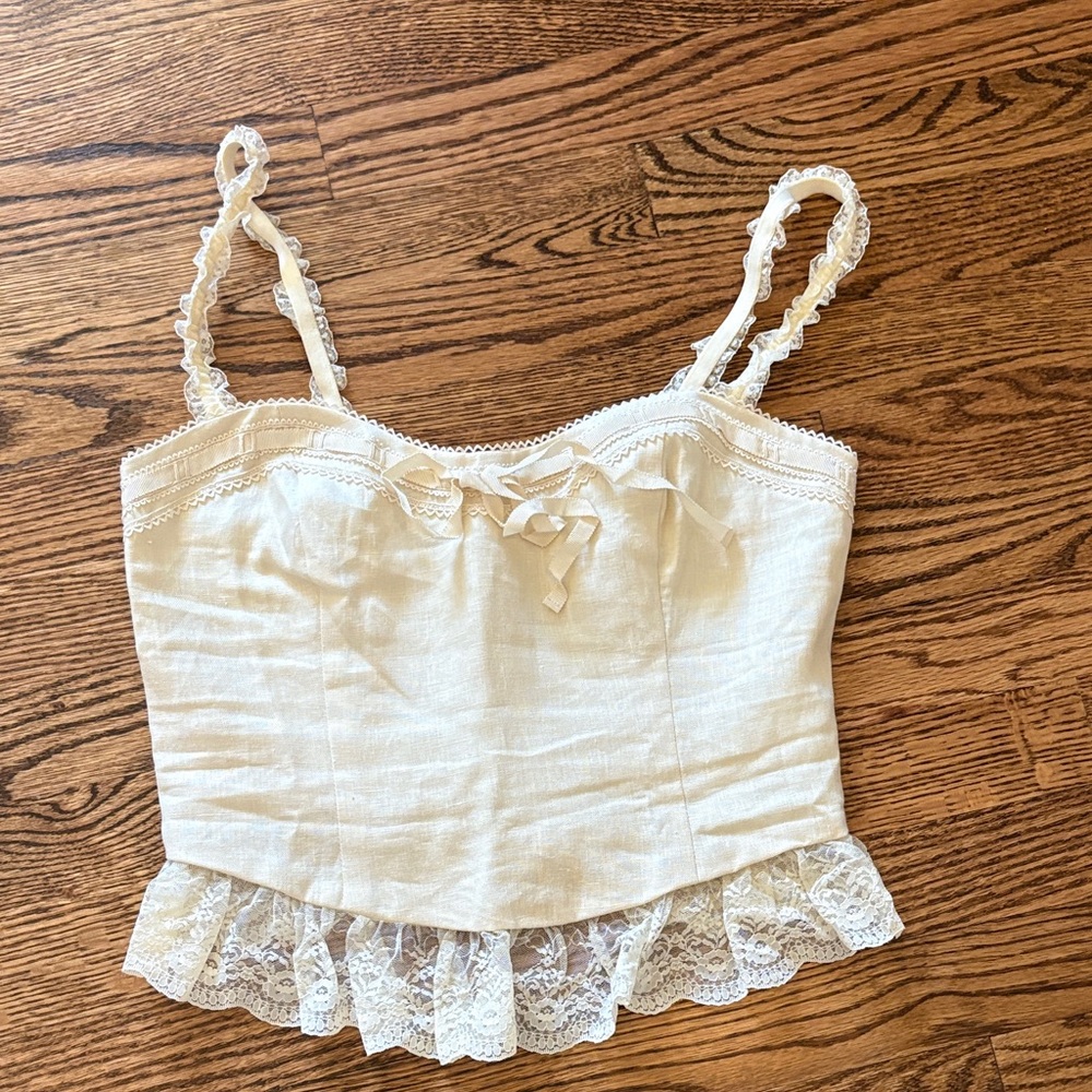Reformation Beige Smocked Top with Lace Trim